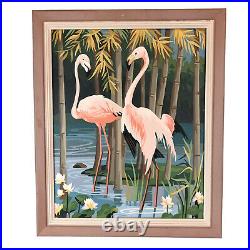Vintage Paint By Numbers Mid Century Modern Two Flamingo Framed Painting MCM