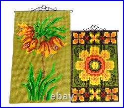 Vintage Pair MCM Wall Art Hangings Floral Embroidered Mid Century Large Flowers
