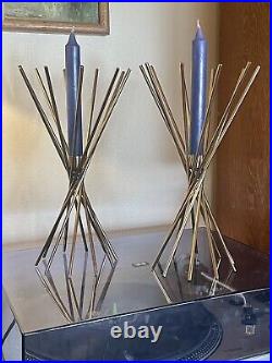 Vintage Pair Mid Century MCM Atomic Sputnik Goldtone Metal Candle Holders 12
