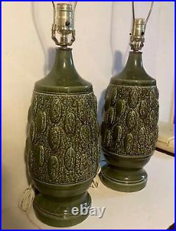 Vintage Pair Mid Century Modern Retro Avocado Green Lamps Textured Ceramic Mcm