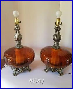 Vintage Pair Of Retro Amber Glass Table Lamps Light Mid Century Hand Blown Glass