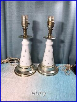 Vintage Pair Retro Atomic Mid Century Modern Starburst Lamps White Gold Tested