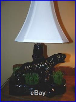 Vintage Rare 1950's Black Panther With Gold Stripes Table TV Lamp With Planter