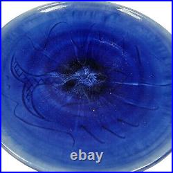 Vintage Rare 1960s Mid Century Art Pottery Cobalt Blue Fish Plate Signed Mideke