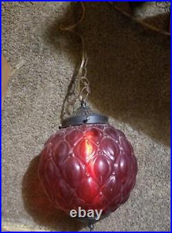Vintage Red Glass Swag Lamp Mid Century Modern Light Fixture Ceiling Chain MOD