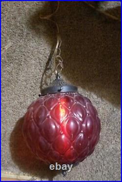 Vintage Red Glass Swag Lamp Mid Century Modern Light Fixture Ceiling Chain MOD