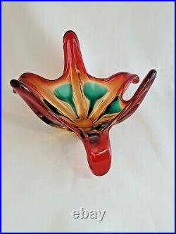 Vintage Red Green Mid Century Modern Studio Art Glass Bowl Freeform Sculpture