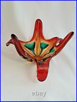 Vintage Red Green Mid Century Modern Studio Art Glass Bowl Freeform Sculpture