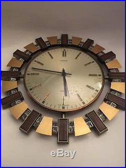 Vintage Retro 1970's Metamec Sunburst Quartz Wall Clock Mid Century Wood Brass