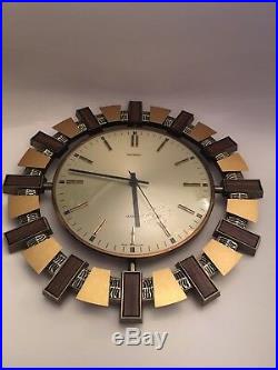 Vintage Retro 1970's Metamec Sunburst Quartz Wall Clock Mid Century Wood Brass