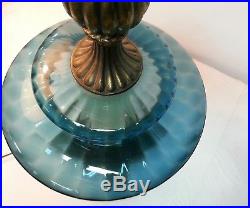 Vintage Retro 60s Mid Century Modern Blue Glass & Brass Table Lamp Lighted Base