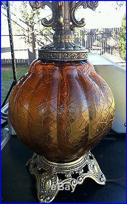 Vintage Retro Amber Glass metal Table Lamp Mid Century Mod Light Fixture RARE
