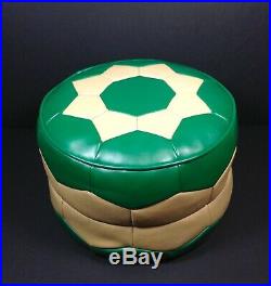 Vintage Retro Green Cream Footstool Pouffe Leather Vinyl 60s 70s Solid Base