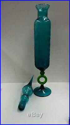 Vintage Retro Italian Genie Bottle Blue Green Glass MID Century Art Glass