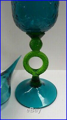 Vintage Retro Italian Genie Bottle Blue Green Glass MID Century Art Glass