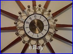 Vintage Retro MCM Mid Century ELGIN Starburst Teak Wood Brass Wall Clock 1960s