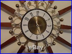 Vintage Retro MCM Mid Century ELGIN Starburst Teak Wood Brass Wall Clock 1960s