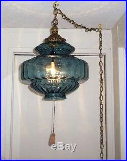 Vintage, Retro, MID Century, Blue Ribbed Pattern, Hanging Swag Lamp