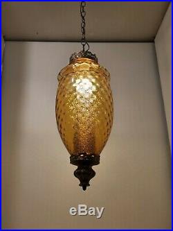 Vintage Retro MID Century Modern Amber Glass Hanging Swag Pendant Light Fixture