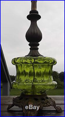 Vintage Retro Mid Century Modern 3 way Green Glass Table Lamp / Lighting Exc