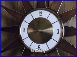Vintage Retro Mid Century Modern Starburst Wall Clock Teak Atomic Elgin 26