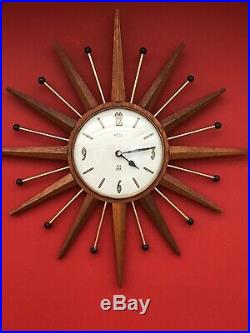 Vintage Retro Mid Century Smiths Timecal Sunburst Teak Atomic Wall Clock