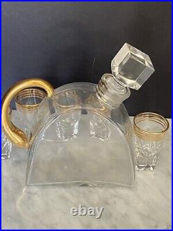 Vintage Retro Mid-century Decanter And Liqueur Shot Glasses Barware Golden Rim