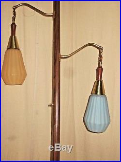 Vintage Retro Midcentury Modern Danish Era 2 Glass Shade Tension Pole Lamp Nice