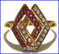 Vintage Retro Modern MID Century Ruby Seed Pearl 14k Yellow Gold Womens Ring