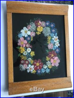 Vintage Retro Reverse Painting Tray Flower Pink Yellow 3d Wood Frame MID Century