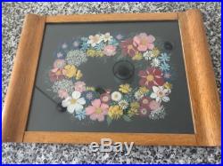 Vintage Retro Reverse Painting Tray Flower Pink Yellow 3d Wood Frame MID Century