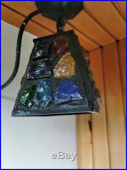 Vintage Rock Glass Porch Light Lantern Coloured Mid Century Arts Crafts Iron