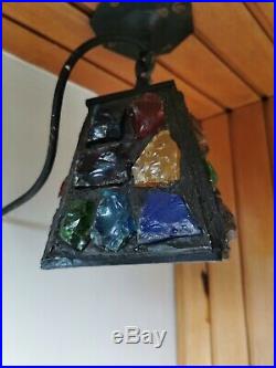 Vintage Rock Glass Porch Light Lantern Coloured Mid Century Arts Crafts Iron