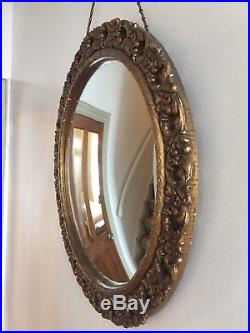 Vintage Round Convex Mirror Mid Century Porthole Fisheye Gold 1950s Retro 50cm