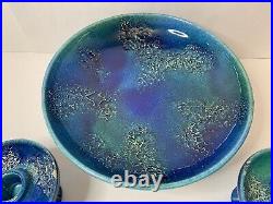 Vintage Royal Haeger Mid Century 1960's Etruscan Blue Glaze Candle Sticks & Bowl