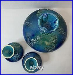 Vintage Royal Haeger Mid Century 1960's Etruscan Blue Glaze Candle Sticks & Bowl