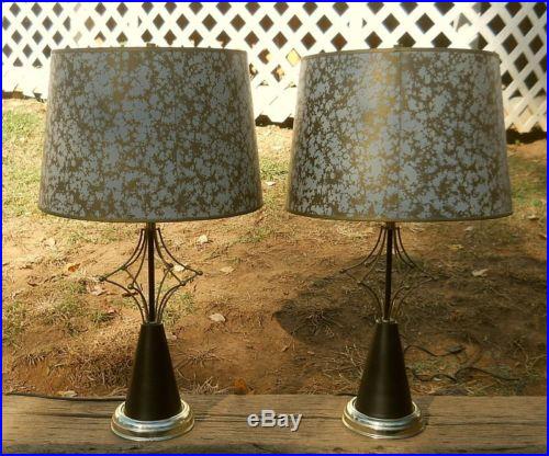Vintage SET of 2 Atomic Age Mid Century Modern Electric TABLE LAMPS Retro Shades