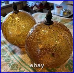 Vintage Set Of 2 Mid Century Modern Retro AMBER Ball SWAG Glass Light Globes