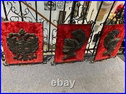 Vintage Set of 3 Mid Century Coat Of Arms Velvet Wall Plaques Art Hangings