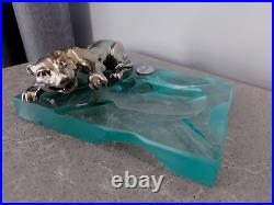 Vintage Signed Brunel Glass Ashtray with Lion Panthere Wild Cat Figure