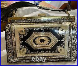 Vintage Stamped Leather Purse Made In Italy Black White Gold Retro Mid Century