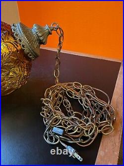 Vintage Swag Light Amber Mid Century Modern Hanging Lamp Glass Globe Grapes MCM