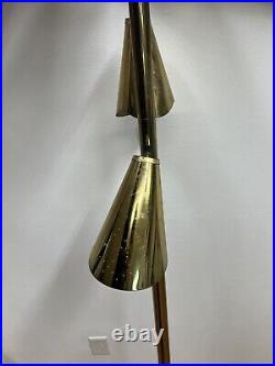 Vintage TENSION POLE FLOOR LAMP mid century modern light gold cone retro 50s 60s