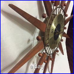 Vintage Teak Starburst Wall Clock 60s Mid Century Modern Atomic Sputnik Sunburst