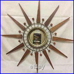Vintage Teak Starburst Wall Clock 60s Mid Century Modern Atomic Sputnik Sunburst