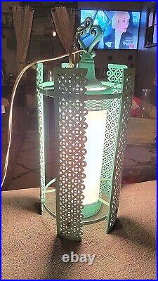 Vintage Teal Mid-Century Steampunk Pendant Light Hanging Retro Metal Milk Glass