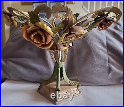 Vintage Tole Ware Style Roses Flower Centerpiece Mid Century MCM Large 14×10
