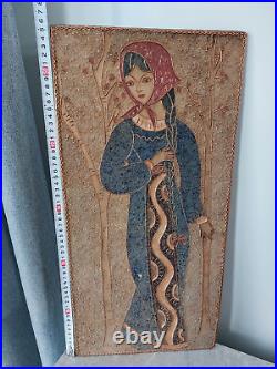 Vintage USSR Mid Century Wall Wooden Picture Lady Copper Wire USSR Art