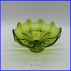 Vintage Viking Green Glass Bowl 9 Petals 8 Inch Pedestal Console Mid Century Mod