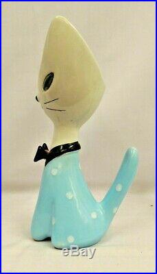 Vintage blue polka dot 1950s mid century Italian ceramic scoop head cat vase